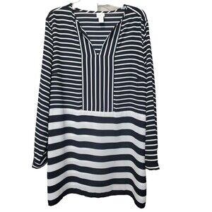 Chico’s Black & White Multi-drectional Stripe Split Neck Long Sleeve Tunic 3(XL)